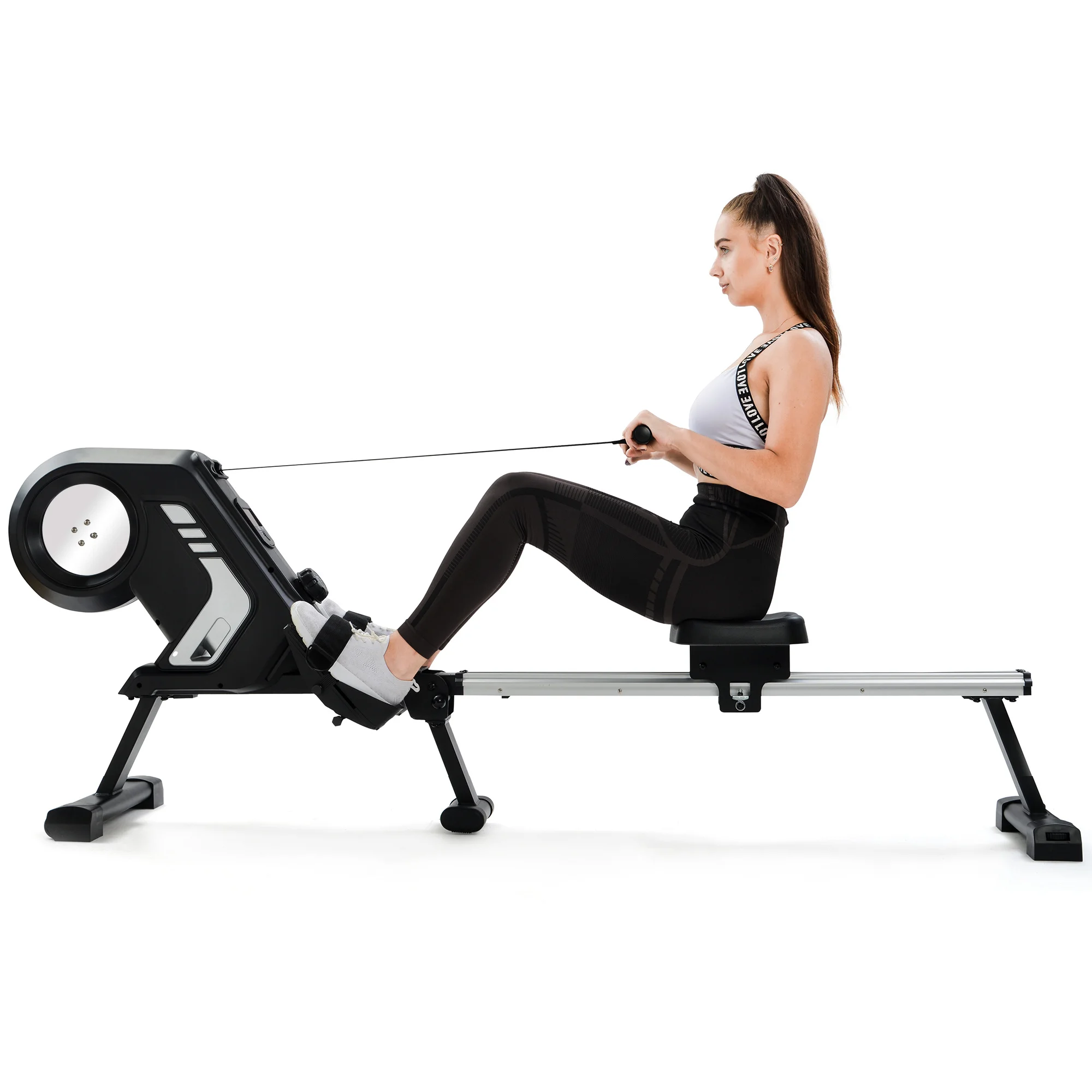 Foldable Rowing Machine With Magneto Resistance Lcd Display Non-Slip Pedals And Transport Wheels For Home Gym