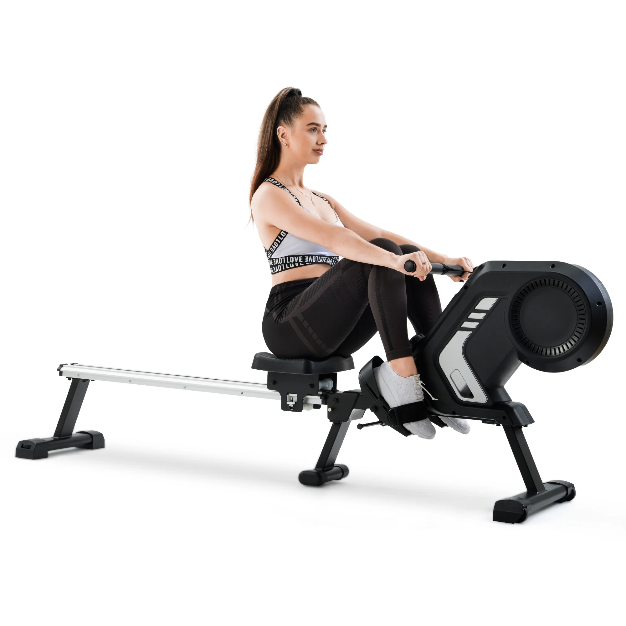 Foldable Rowing Machine With Magneto Resistance Lcd Display Non-Slip Pedals And Transport Wheels For Home Gym