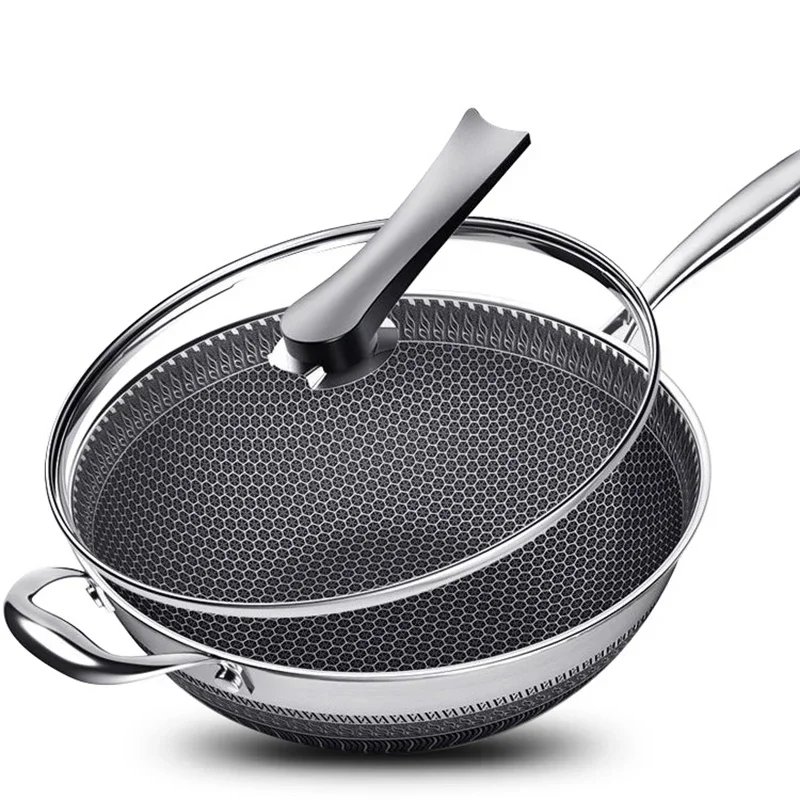 New Non-stick Frying Pans Double-Sided Screen Honeycomb Stainless Steel Wok Without Oil Smoke Frying Pan Wok