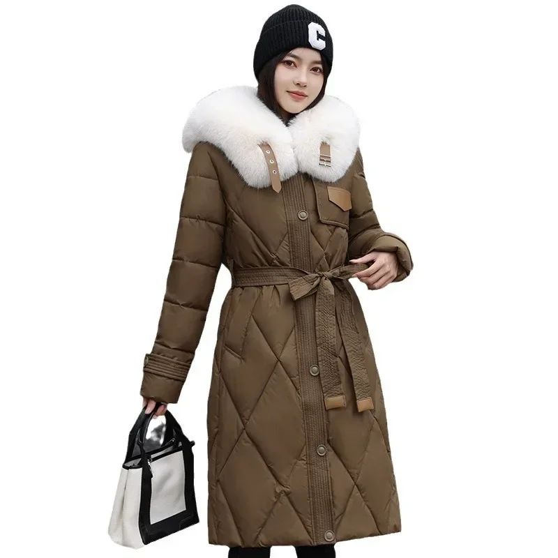 Women s Mid length Down Coat with  Fur Collar Slim Fit Fashionable Over the Knee Waist Defining Outerwear