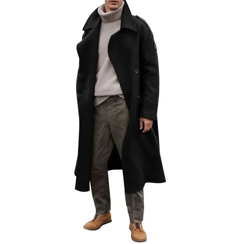 Extra Long Woolen Coat for Men, Extends Over the Knee, Ideal for European and American Autumn/Winter Styles.