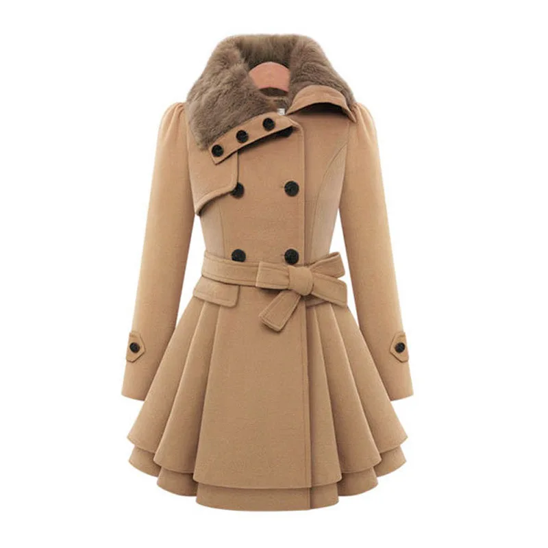 Womens Vintage Woolen Coat Slim Trench Coats Lady Fur Collar Winter Woolen Lace Up Coat Jackets Outwear Clothes