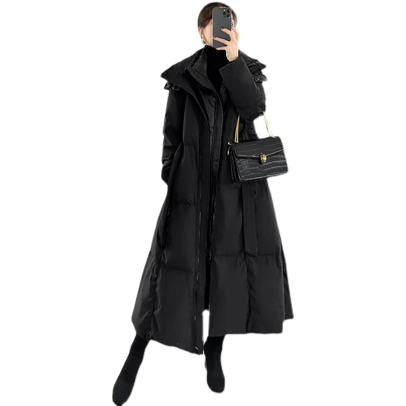 Winter Fashion Women 90% White Duck Down Coat Hooded Slim Fit Thickened Long Down Overcoat High End European Women Warm Coat