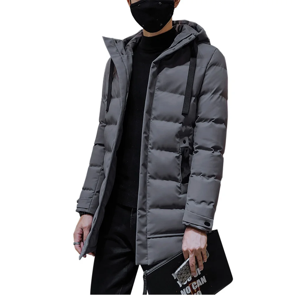 Winter Warm Men's Down Coats Casual Fashion Solid Color Slim Hooded Down Jackets Zip Up Long Thick Warm Coats