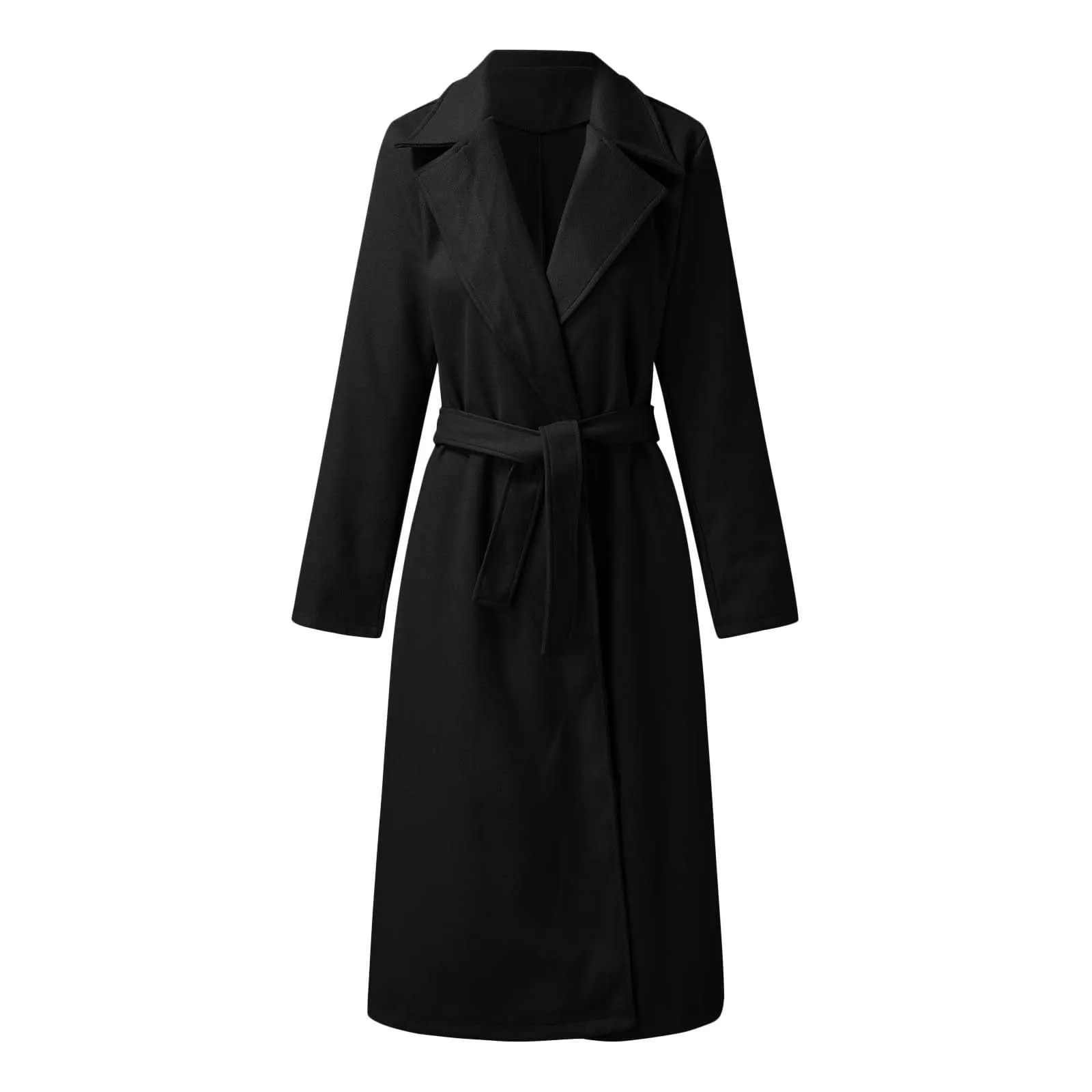 Women's Winter Woolen Coat Elegant Lapel Trench Coat Solid Color Long Jacket Work Tie Long Coat