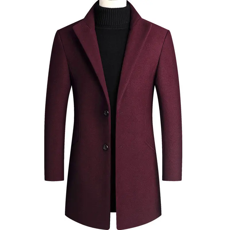 Men's Wool Blend Mid-Length Trench Coat, Slim Fit Winter Overcoat with Pockets.