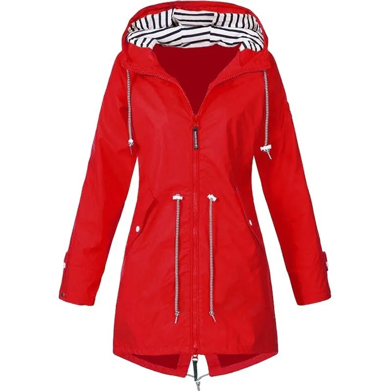 Women's Fashion Hooded Outdoors Zipper Windproof Trench Coats Casual Waterproof Drawstring Rain Jackets Mountaineeri Female