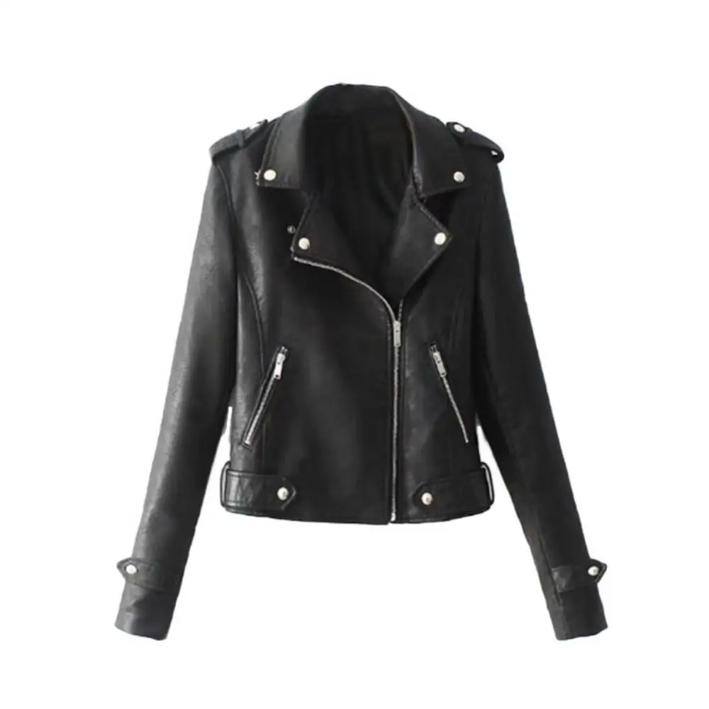 Zipper Bomber Jacket Women Slim Fit Leather Jacket Short Fashion Outerwear