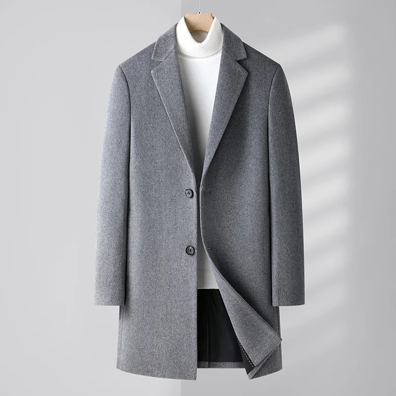 New Men's Mid-Length Woolen Coat: Versatile Suit Stand Collar, Monochrome Casual Youth Fashion for Autumn and Winter