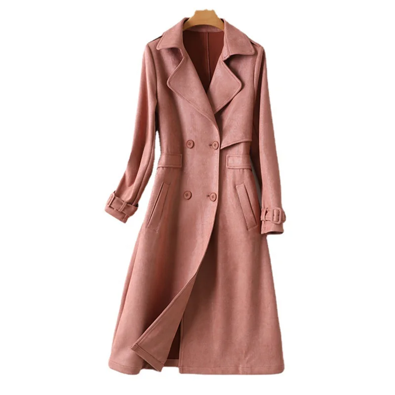 Chamois Suede Trench Coat Women Windbreaker Long Outerwear Spring Autumn Slim Female Double-breasted Overcoat