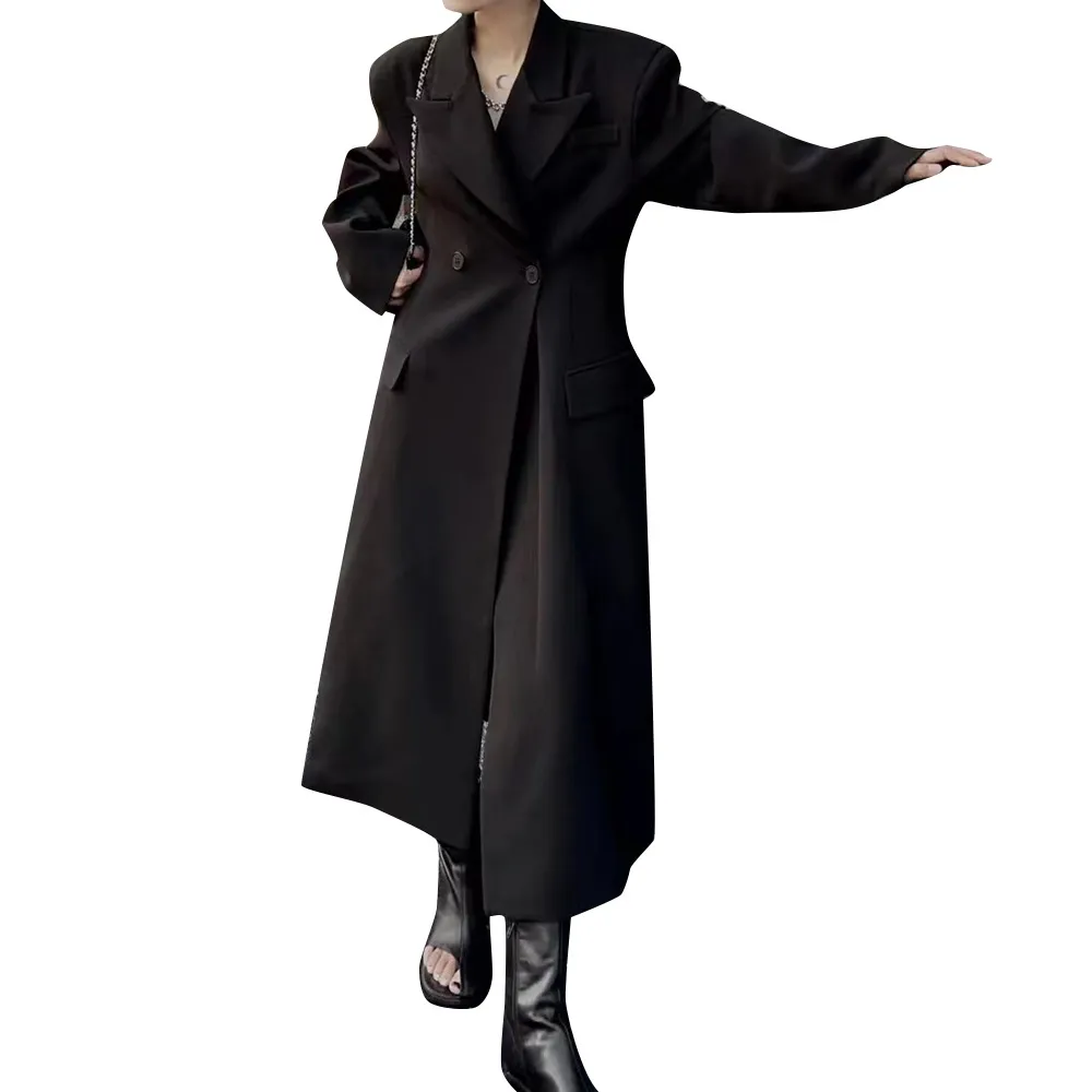 Elegant Black Trench Coat For Women Lapel Long Sleeve Double Breasted Solid Minimalsit Coats Female Clothing