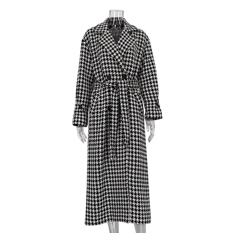 Elegant Women Long Coats Long Sleeve Double Breasted Houndstooth Print Straight Trench Coats Overcoat