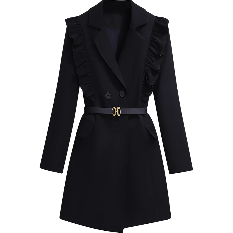 Women Long Windbreaker Double Breasted Slim OL Long Trench Coat Trench Coat Ruffle With Belt Women Autumn Winter