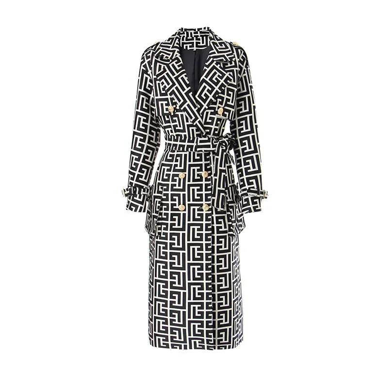 Fall Winter Women's Lion Buttons Geometric Monogram Jacquard Belted Trench OverCoat