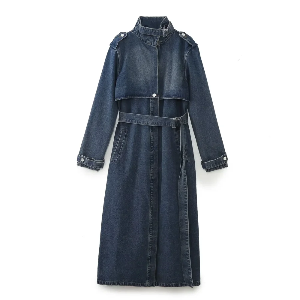 Women's Fashion Retro Casual Versatile Stand Up Neck Belt Waist Wrapped Long Denim Trench Coat