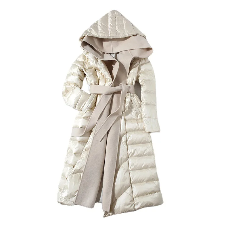 Autumn And Winter Long White Duck Down Down Jacket For Women New Splicing Women's Hooded And Thickened Coat