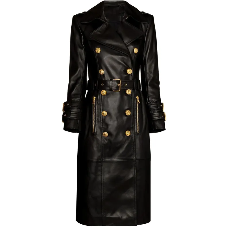 New Winter Double Breasted Black PU Leather Long Coats For Ladies Quality Street Women Trench With Belt