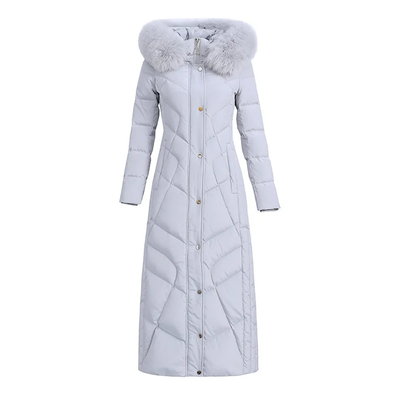 Women Down Coat Slim Fit Thickening Windproof Waterproof Detachable Fox Fur Collar X-Long Duck Down Jacket