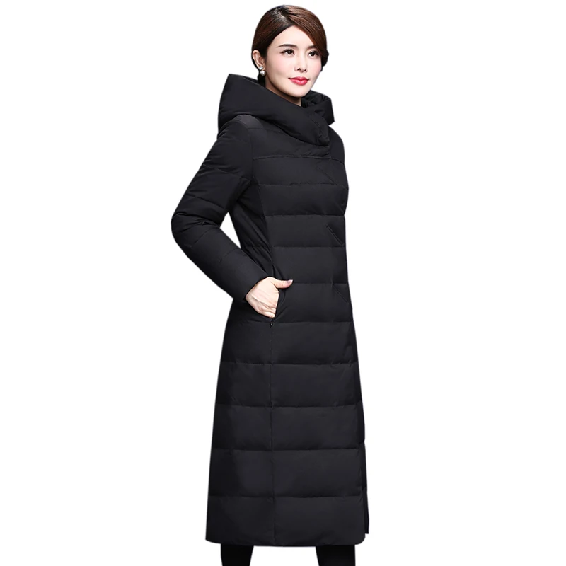 Winter New Hooded Long Down Jacket Women Fashion Slim Warm Parkas Thicken White Duck Down Coats Women