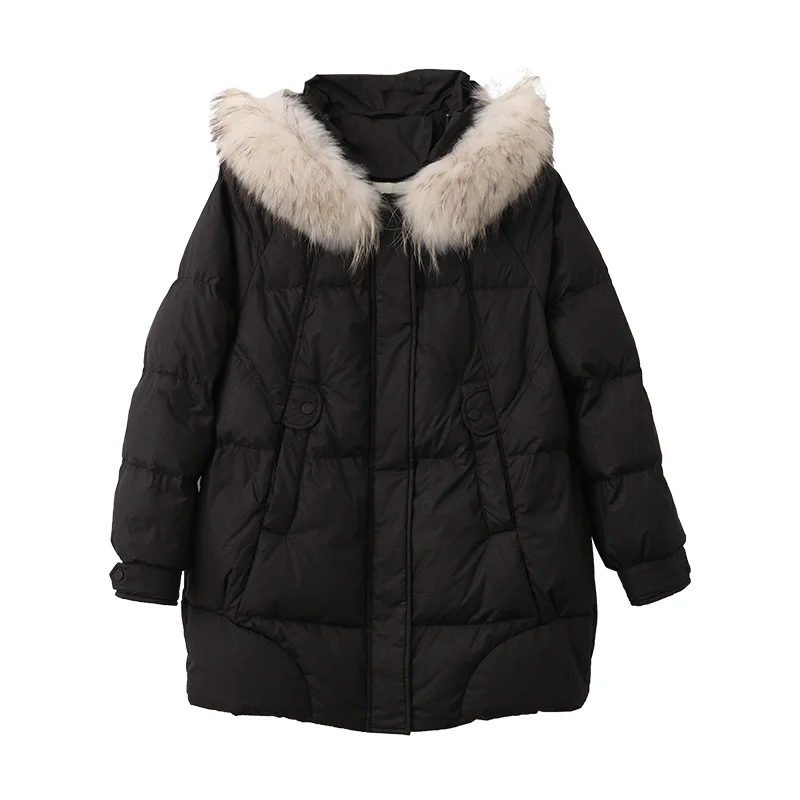 Warm Big Fur Collar Down Jacket Women Thick White Duck Down 90% Loose Hooded Coat Female Overcoat Clothing