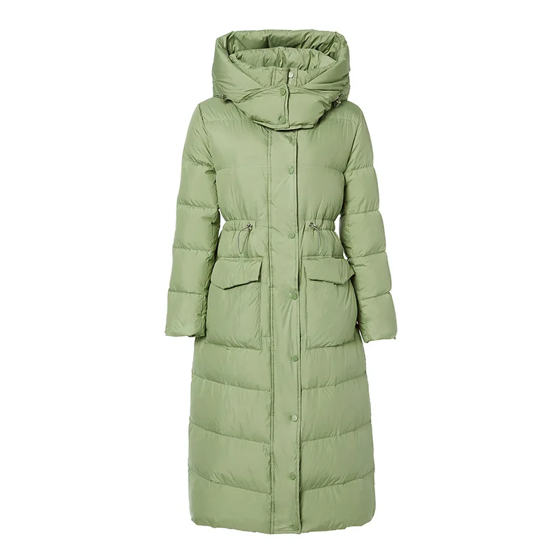 Down Jacket Women Mid-length Winter New Style Waist Hooded White Duck Down Thickened Ladies Jacket