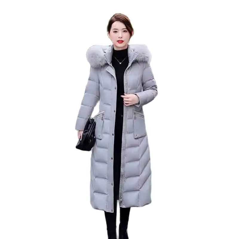 Temperament Down Jacket Lady Long Winter Slim White Down Warm HoodedWoman Coat Fashion True Fur Collar Winter Coat Lady