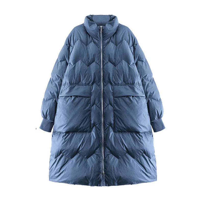 Winter New Long Solid Color Down Jacket Vintage Thicken Women Warm White Duck Down Coats Female Loose Down Outerwear