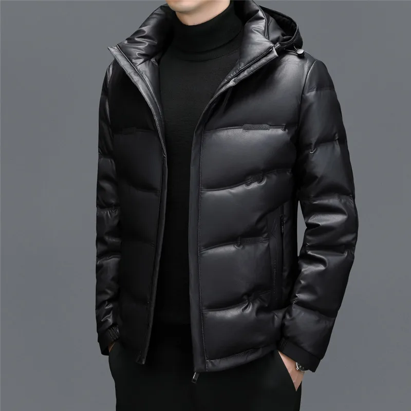 Winter New Men's Sheepskin Short Hooded White Duck Down Casual Down Jacket Warm Thick Leather Jacket