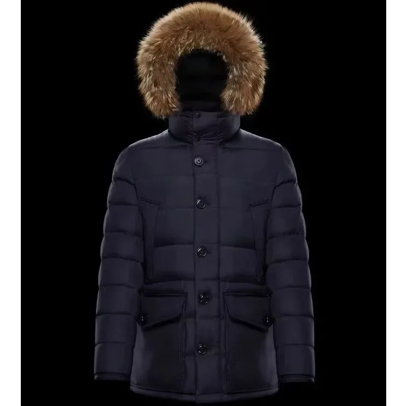 Long Winter Pattern Hooded Down Jacket Casual Fur Collar Single-Breasted Warm Coat