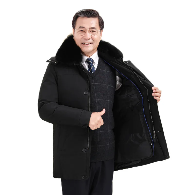 Middle-Aged And Elderly Down Jacket Men's Mid-Length Thick Middle-Aged Detachable Liner Father Winter Jacket With Hood Warm Coat