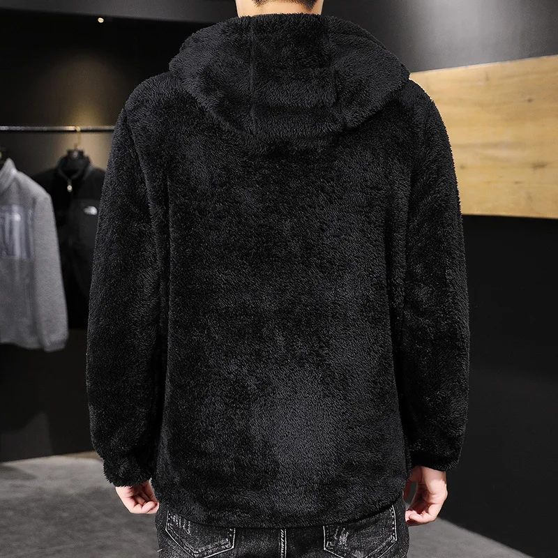 Autumn Men's Warm Hooded Fluffy Wool Coat Thick Loose Plush Jacket