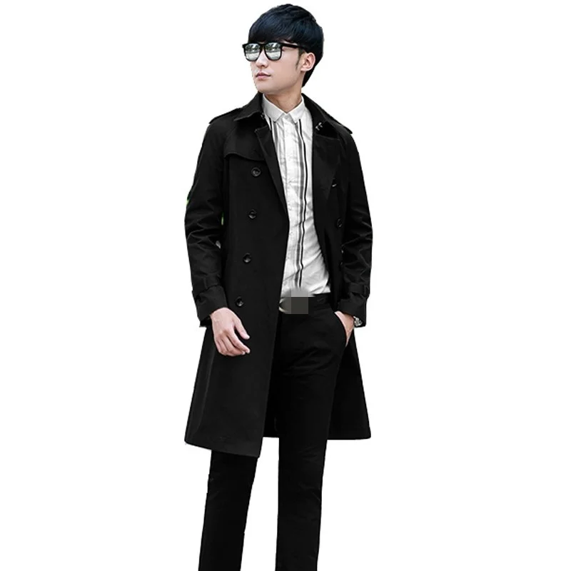 Double-Breasted Lapel Men Fashion Business Casual Slim Fit Long Windproof Jacket Male Solid Windbreaker Outerwear