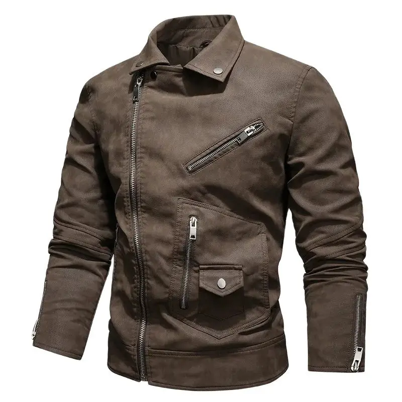 Hip-Hop Oblique Zipper Men's Outdoor Motorcycle Retro Leather Jacket Outerwear Street Casual Tops