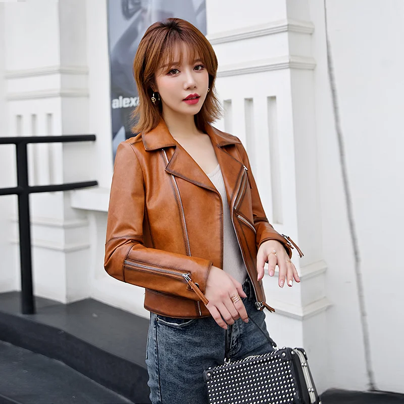 Spring And Autumn Women's Short Genuine Leather Jacket Motorcycle Jacket Zipper Natural Leather Top Coat