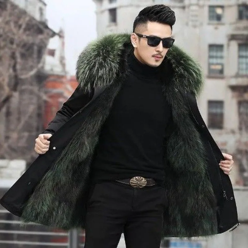 Men's Long Parkas Jacket with Fox Fur Collar, Waterproof and Outdoor Windbreaker Coat