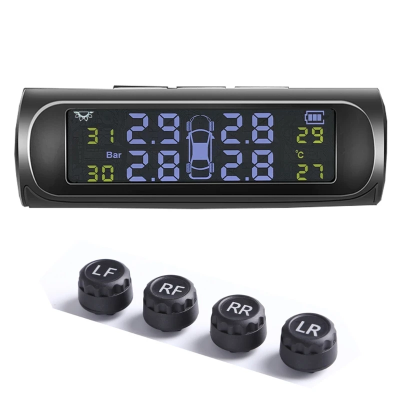 Portable Universal Wireless Car Tire Pressure Monitoring System Solar Panel Power LCD Display External Tyre Sensors