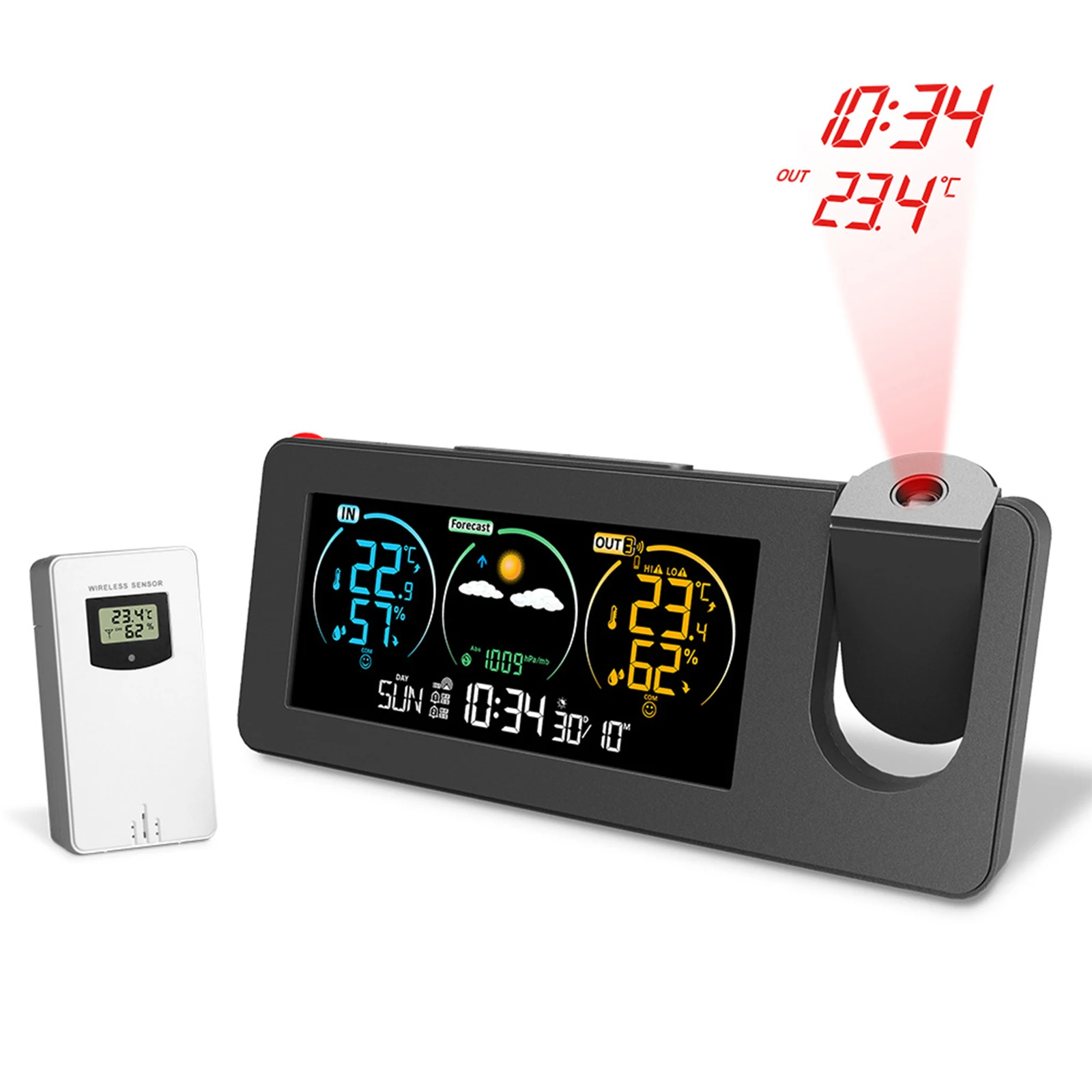 Digital Projection Alarm Clock 180 Rotating Alarm Clock Temperature Humidity Weather Forecast Bedroom Bedside Mute Clock