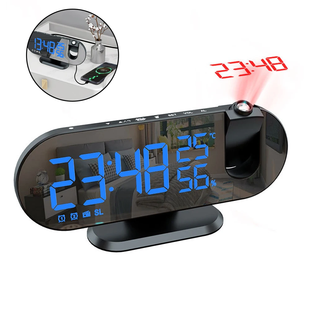 USB Charger for Led Mirror Bedside Alarm Clock with 180 Projector 12/24 Hours Snooze Mode