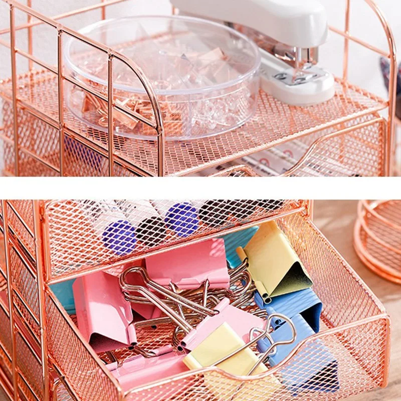 Metal Desk Organizer: Drawered Shelf, Mesh Shelving, Office/School/Home Stationery