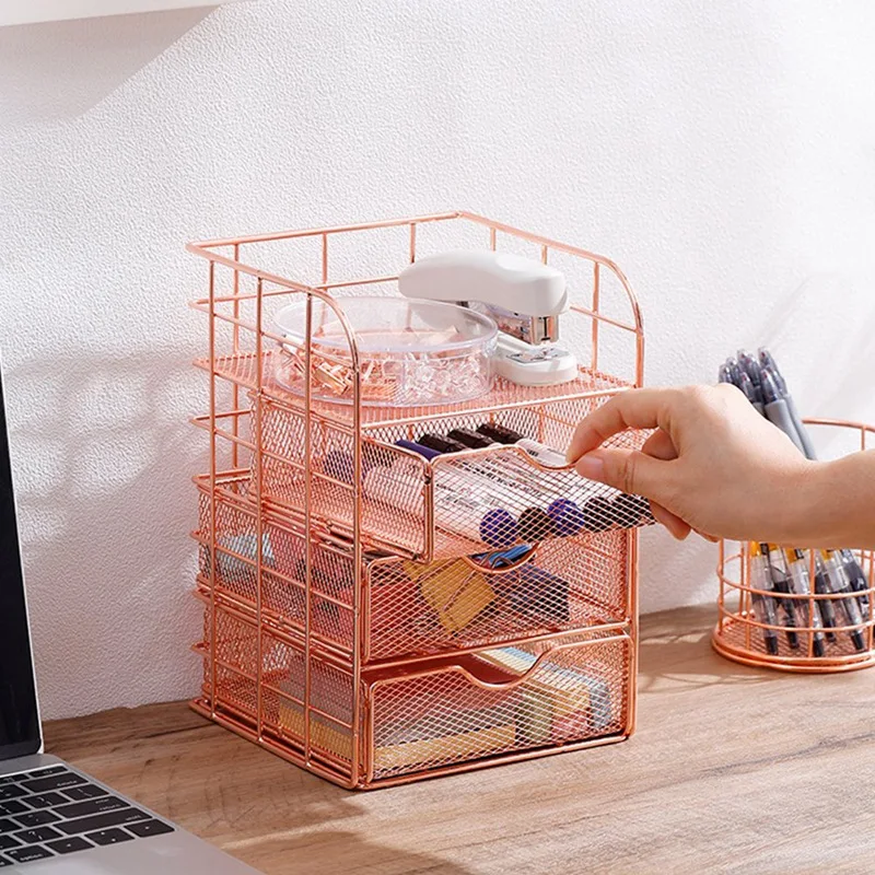 Metal Desk Organizer: Drawered Shelf, Mesh Shelving, Office/School/Home Stationery