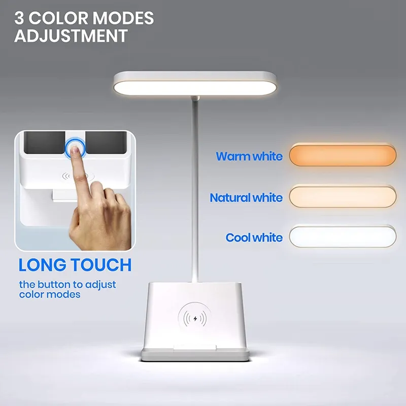 Table Lamps Desk Lamp With Wireless Charger White Gooseneck Desktop Study For Bedrooms -Desk Lights Home Office