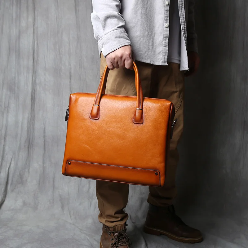 Genuine Leather Men's Briefcase Natural Cowhide Handbag Vintage Computer Bag Casual Business Shoulder Messenger Bag Fits 14 Inch Laptop