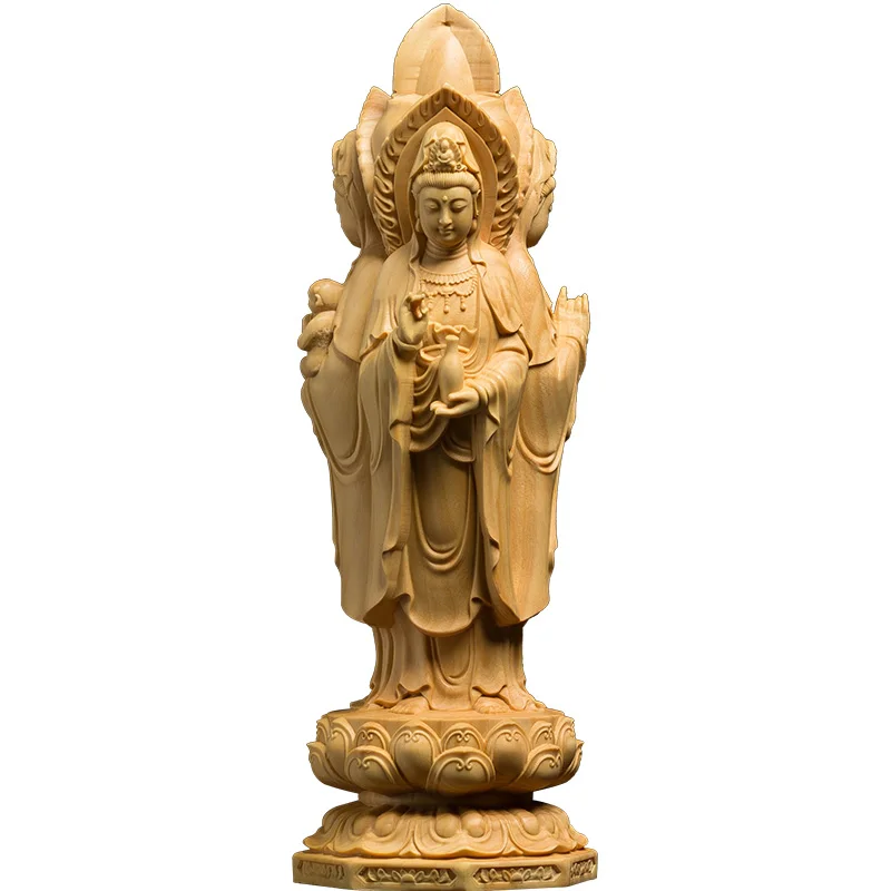 Three-Faced Kuanyin Statue:Religious Wood Craftsmanship - ...