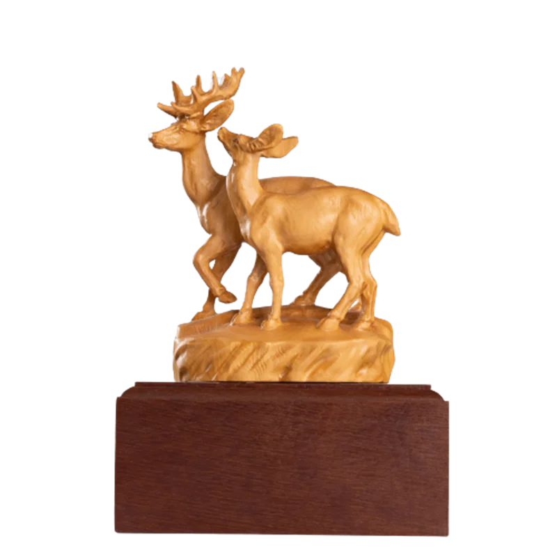 Solid Wood Double Deer Home Ornaments, Hand-Carved...