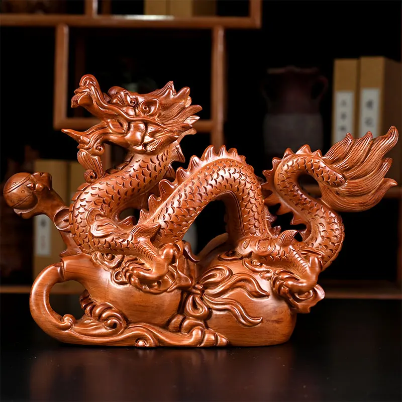 Solid Wood Carved Dragon Ornaments Hand Statue Zod...