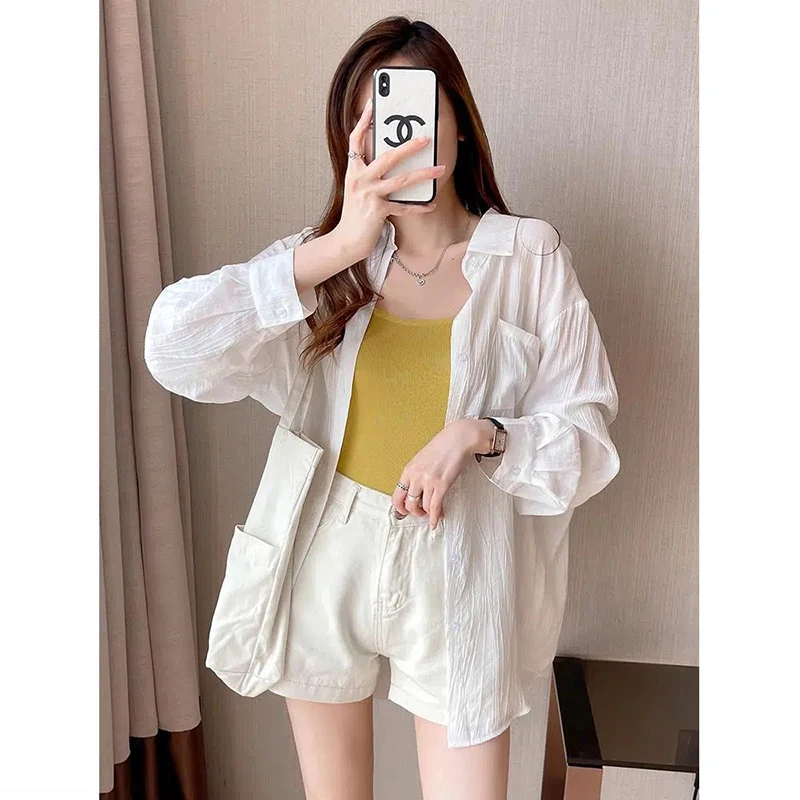 Fashion Anti-Wrinkle Women's Sun Protection Shirt Elegant Ice Silk Long-Sleeved White Shirt Loose Versatile Lazy Style Top New Product