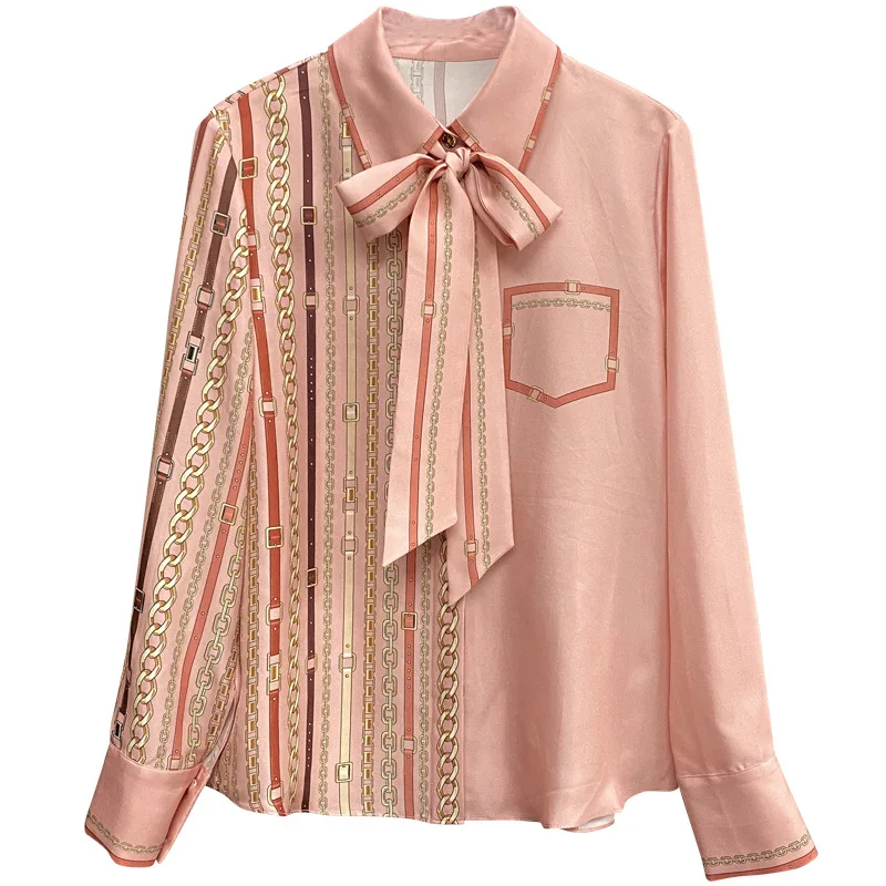 Women Autumn New Style Chain Streamer  Silk Shirt Tops