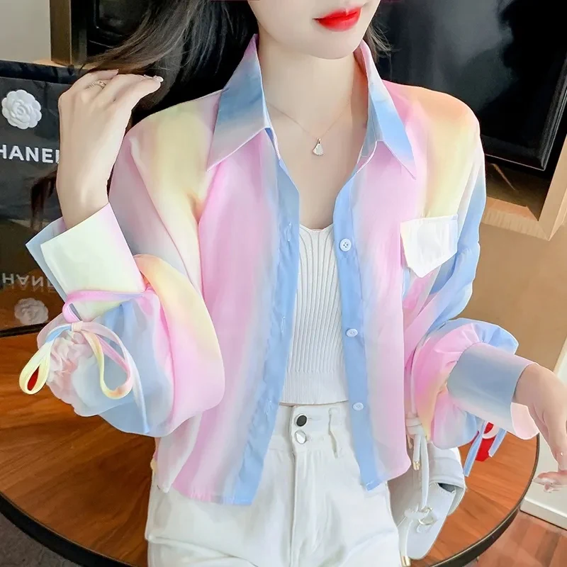 Chiffon Women's Rainbow Shirt Fashion Drawstring Sexy Summer Thin Cropped Top Long Sleeve Sun Protection Shirt