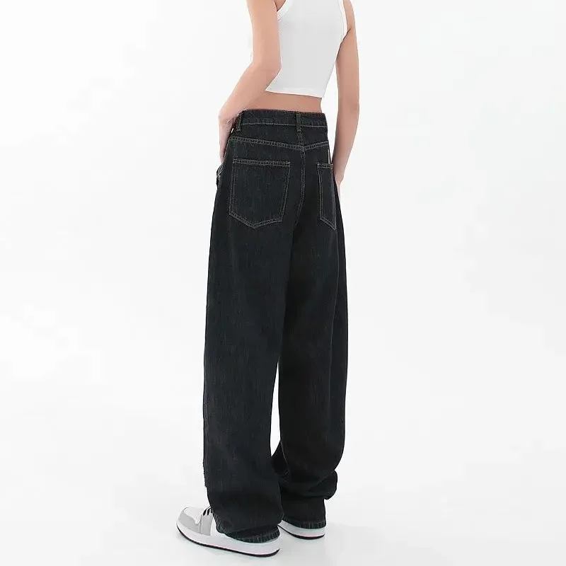 Casual Loose Jeans Patchwork Design High Street Black Straight Pants Women's Trousers