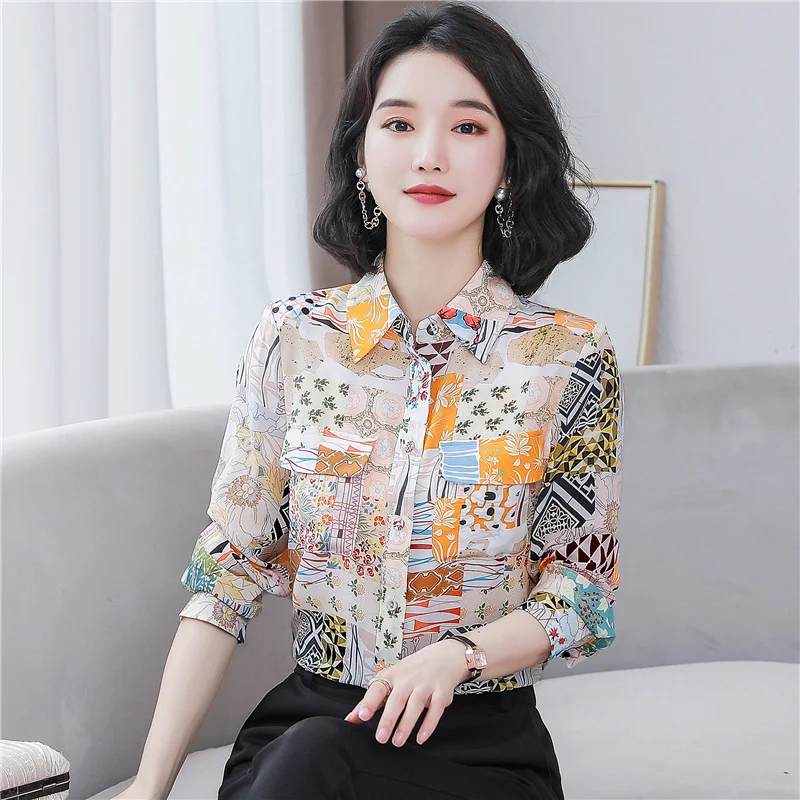 Chic Floral Print 100% Silk Shirt Women Blouse Casual Loose Long Sleeve Lapel Satin Shirt Women Fashion Tops